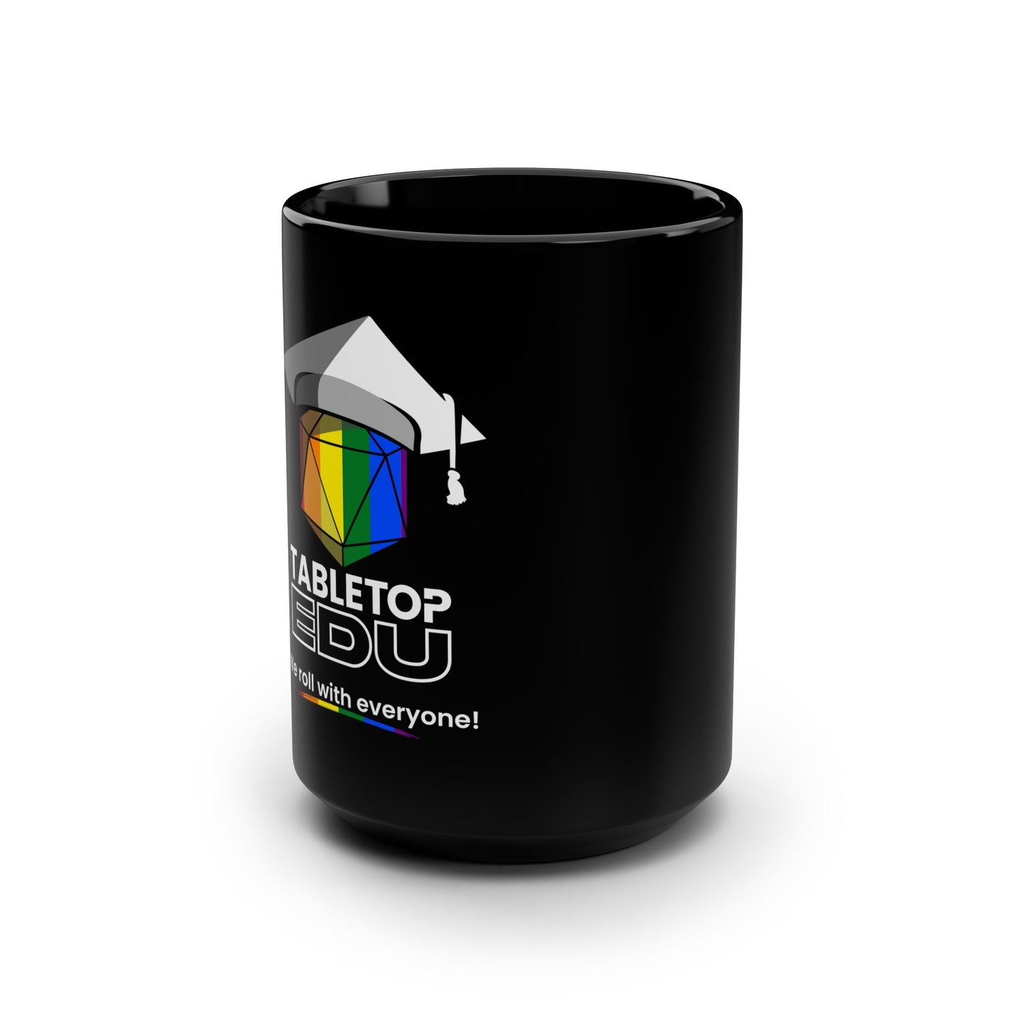 Tabletop EDU 15oz Black Mug – Rainbow Dice Graduation Logo, Teacher & Gamer Coffee Cup
